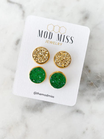 Stud Earring - Gold & Green in Gold Setting